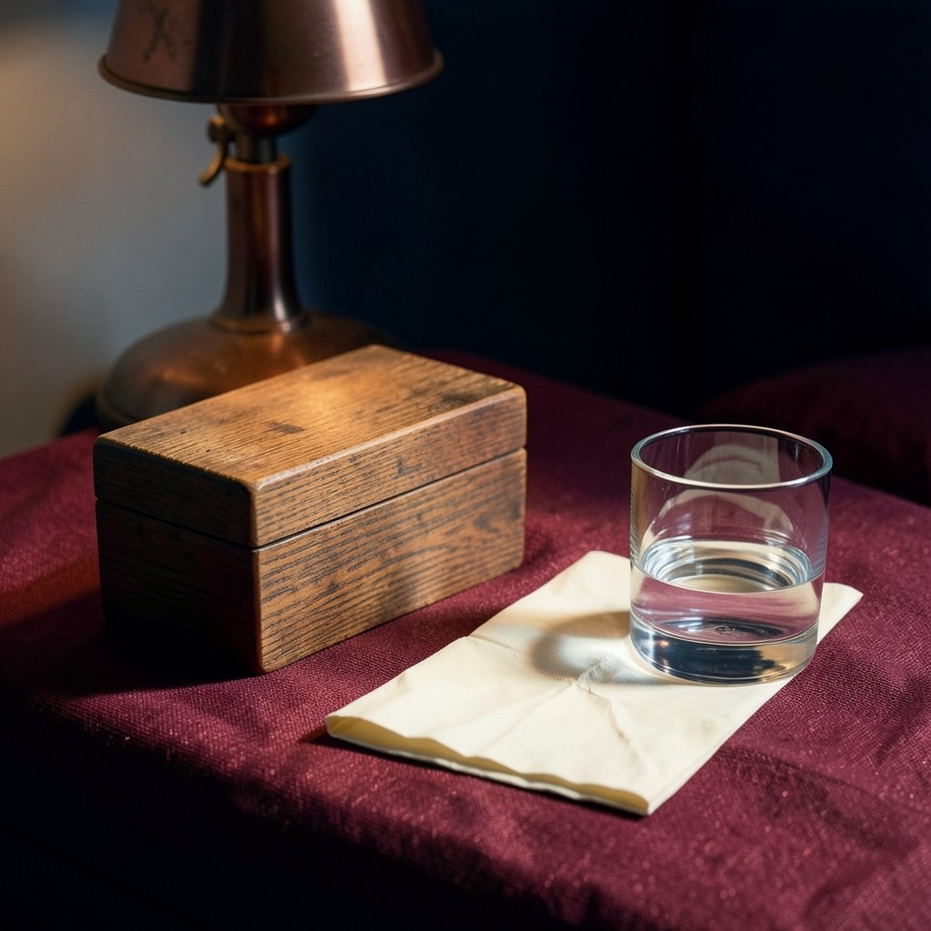 A small wooden box and a folded blank paper on a bedside table in warm lamplight