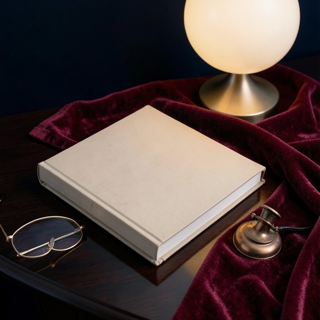 A closed plain booklet, reading glasses, and a copper paperweight on dark wood