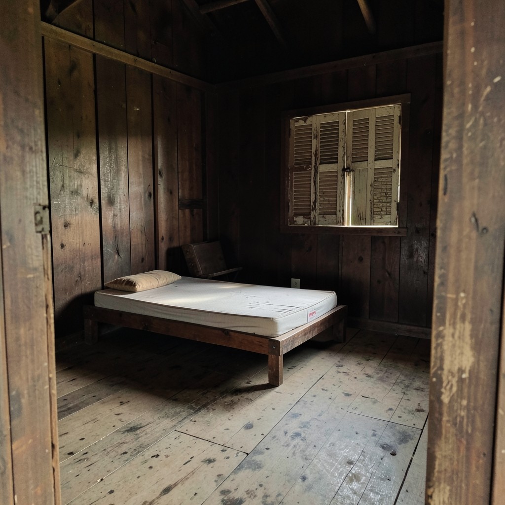 A simple wooden room with a bed and shuttered window, seen from the doorway