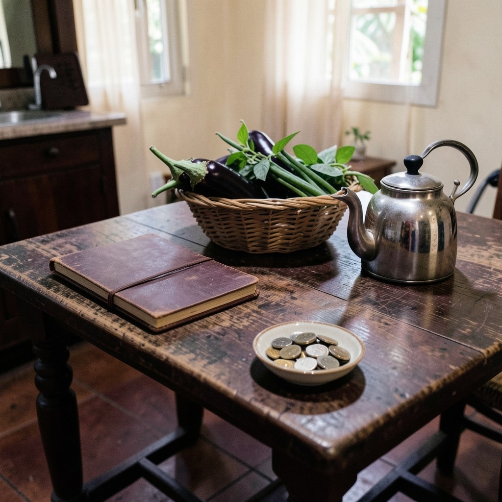 An evening kitchen table with a closed notebook, vegetables, a kettle, and a dish of coins