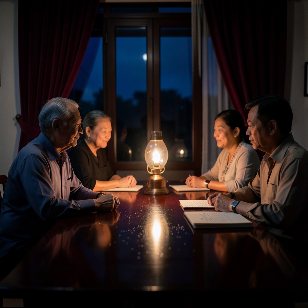 An older couple and an advisor seated at a lacquered table with paper folders in a lamplit room
