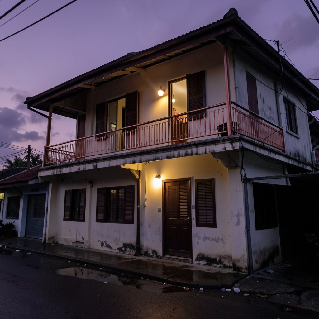 A two-storey shophouse at dusk with a warm lamp in an upper window and a dark sky