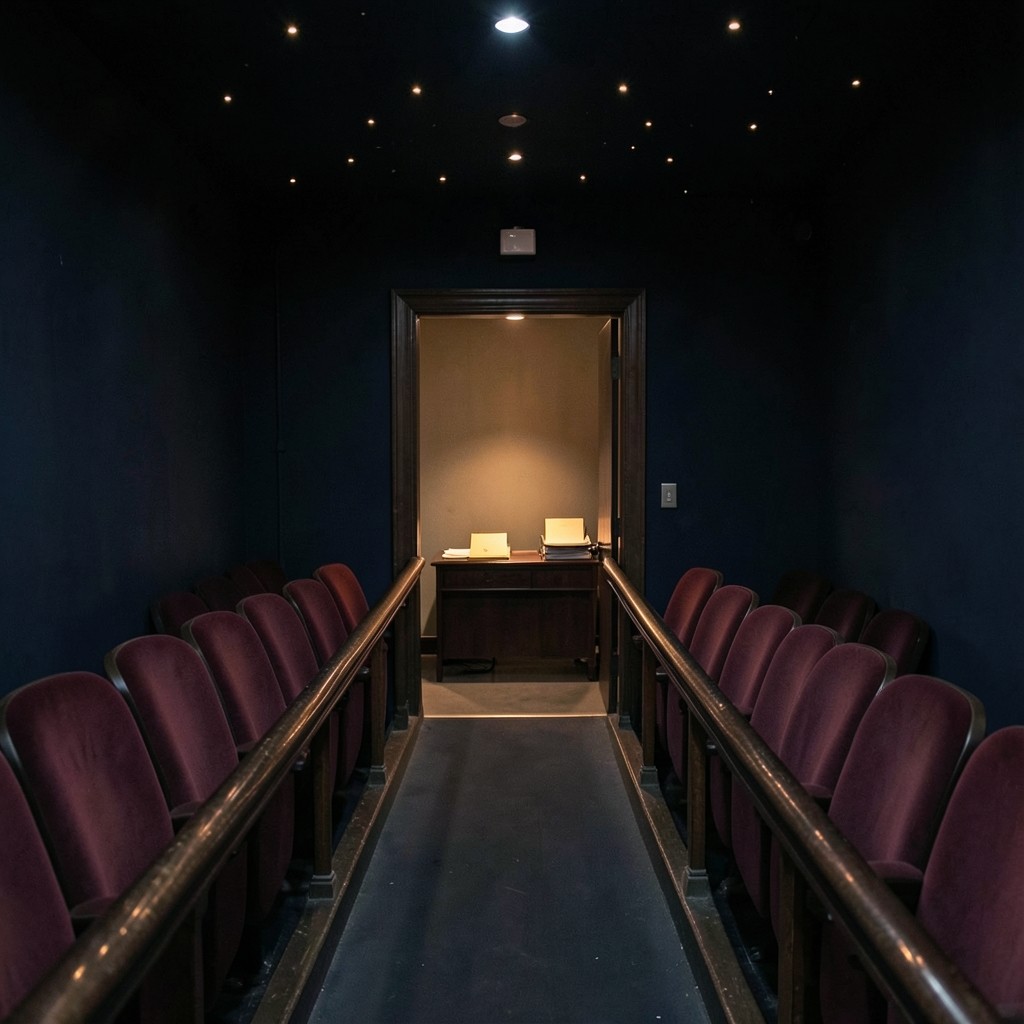 A dim velvet aisle leading to a lamplit study with a desk of paper folders