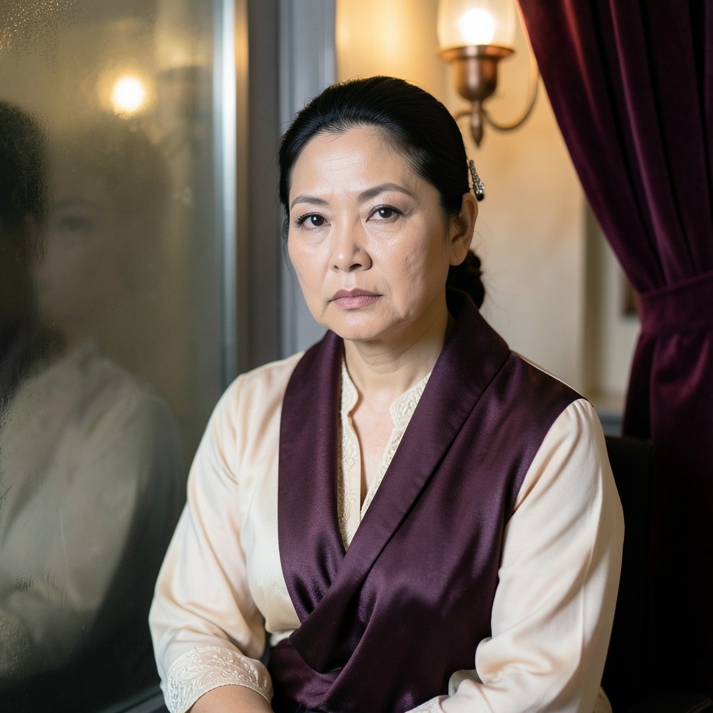 Portrait of a Thai woman in her forties wearing an ivory blouse and a dark shawl