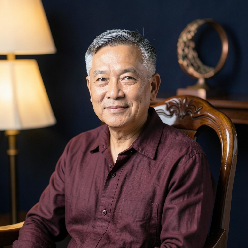 Portrait of a Thai man in his fifties in a dark jacket, seated in warm lamplight