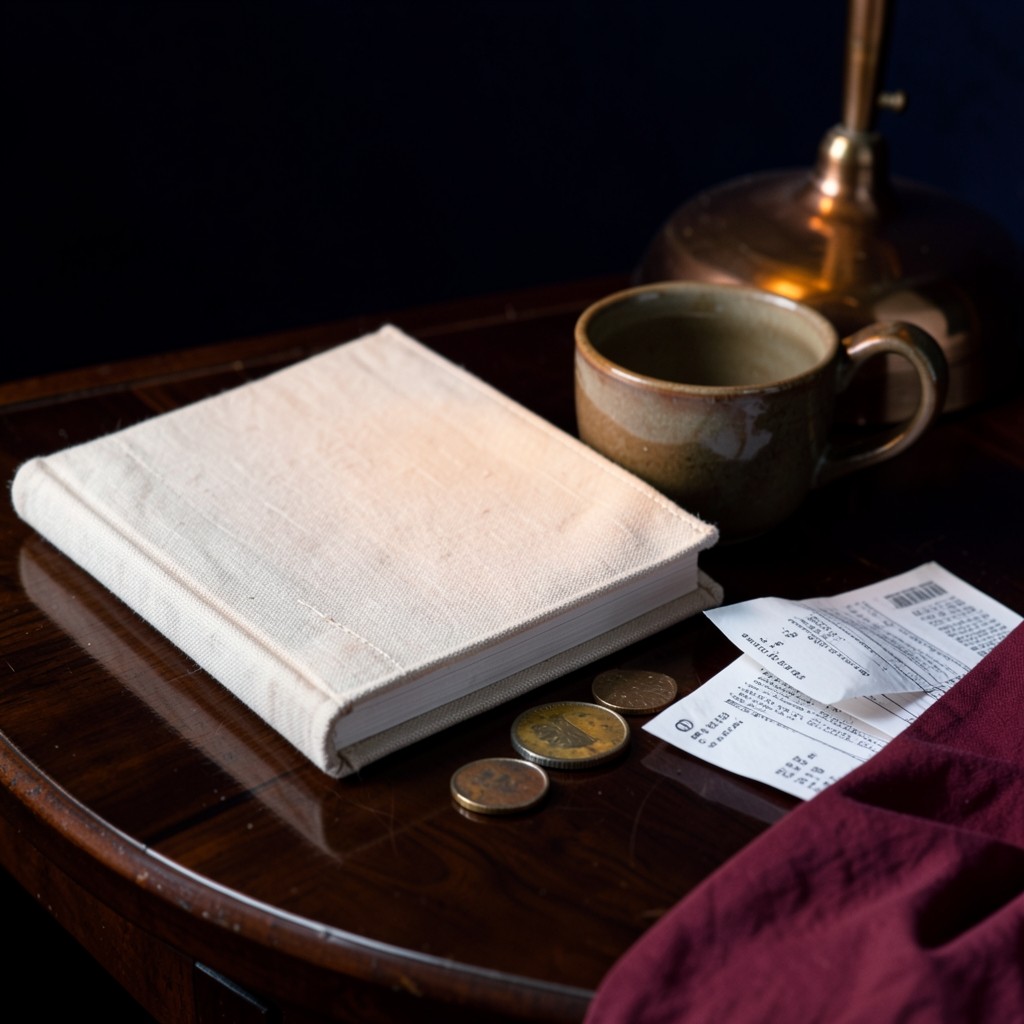 A closed household notebook, a tea cup, and coins on dark wood in warm lamp light
