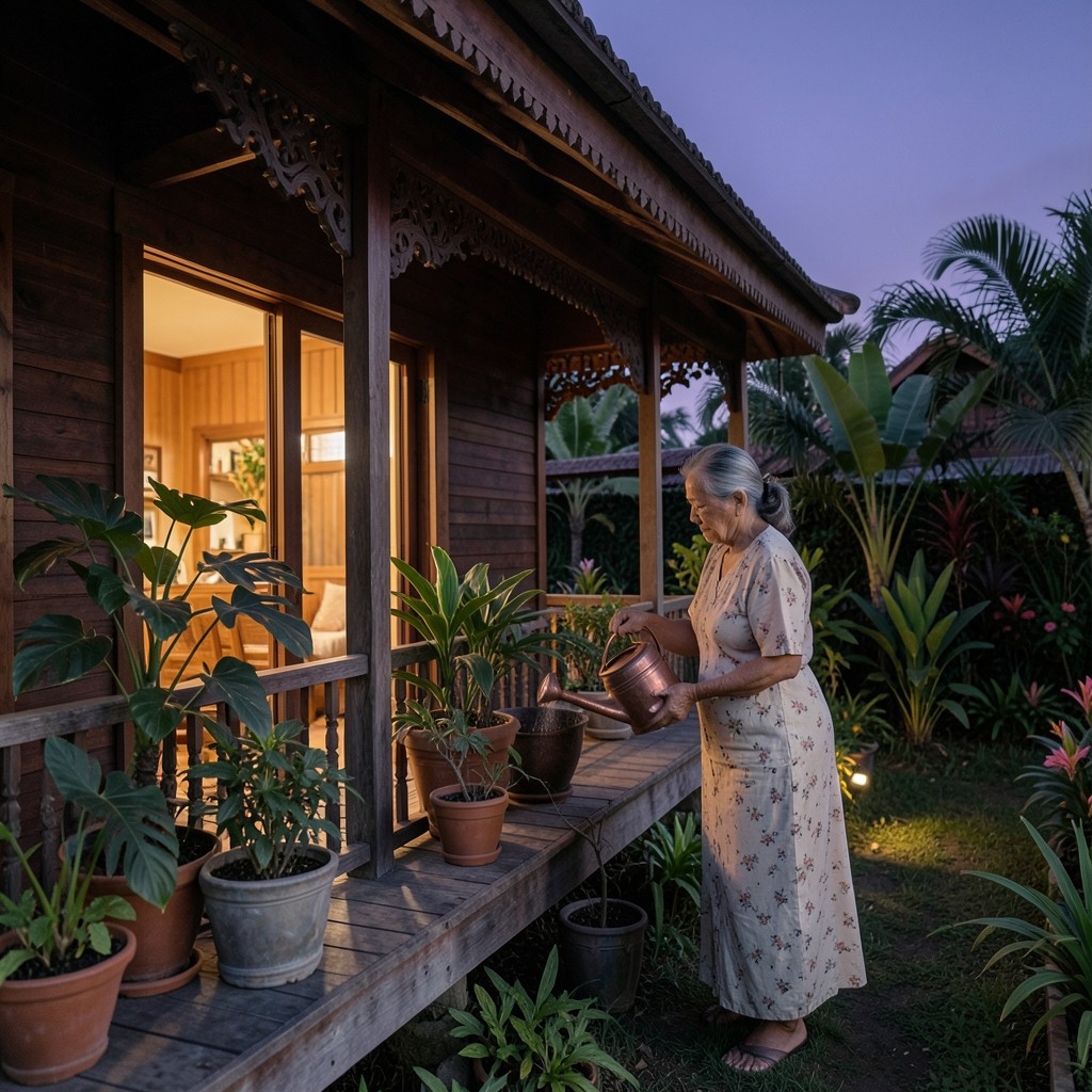 An older woman on a wooden veranda at dusk, watering plants beside a copper can