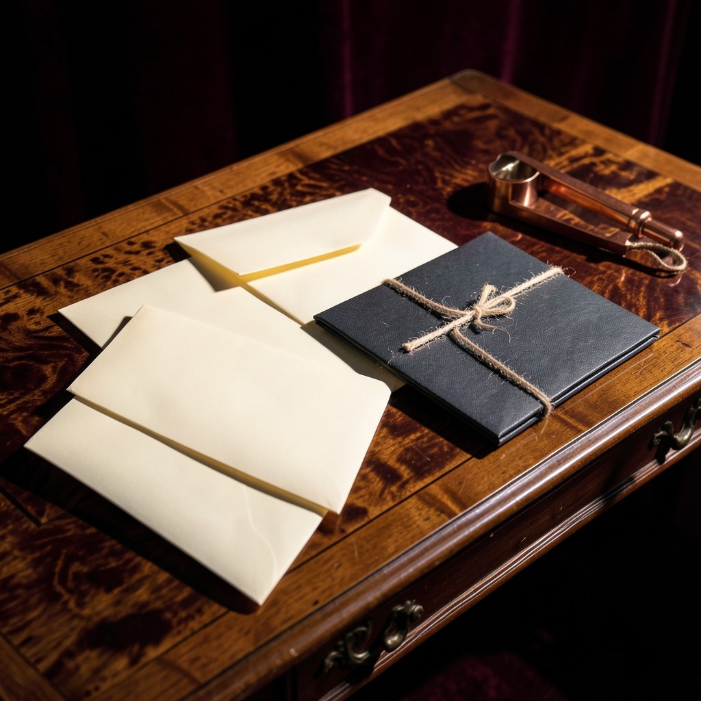 Closed paper envelopes and a folder tied with cotton tape on an antique wooden desk