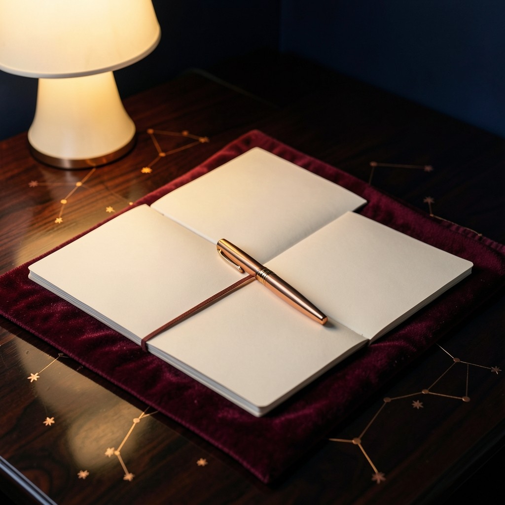 Paper folders and a copper pen on a lacquered desk under a warm lamp, with burgundy cloth beneath